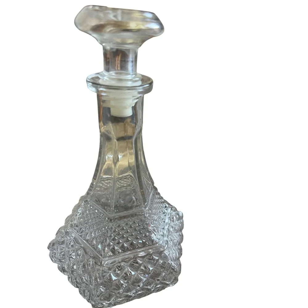Vintage Clear Pressed Glass Decanter Diamond Point Hexagon Barware with Stopper